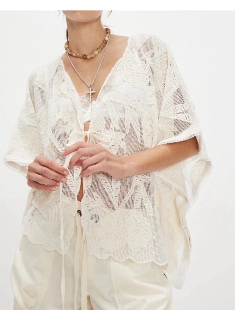 Free People Willow Floral Appliqué Detail Tie Front Cape Top NWT One Size - Picture 4 of 16